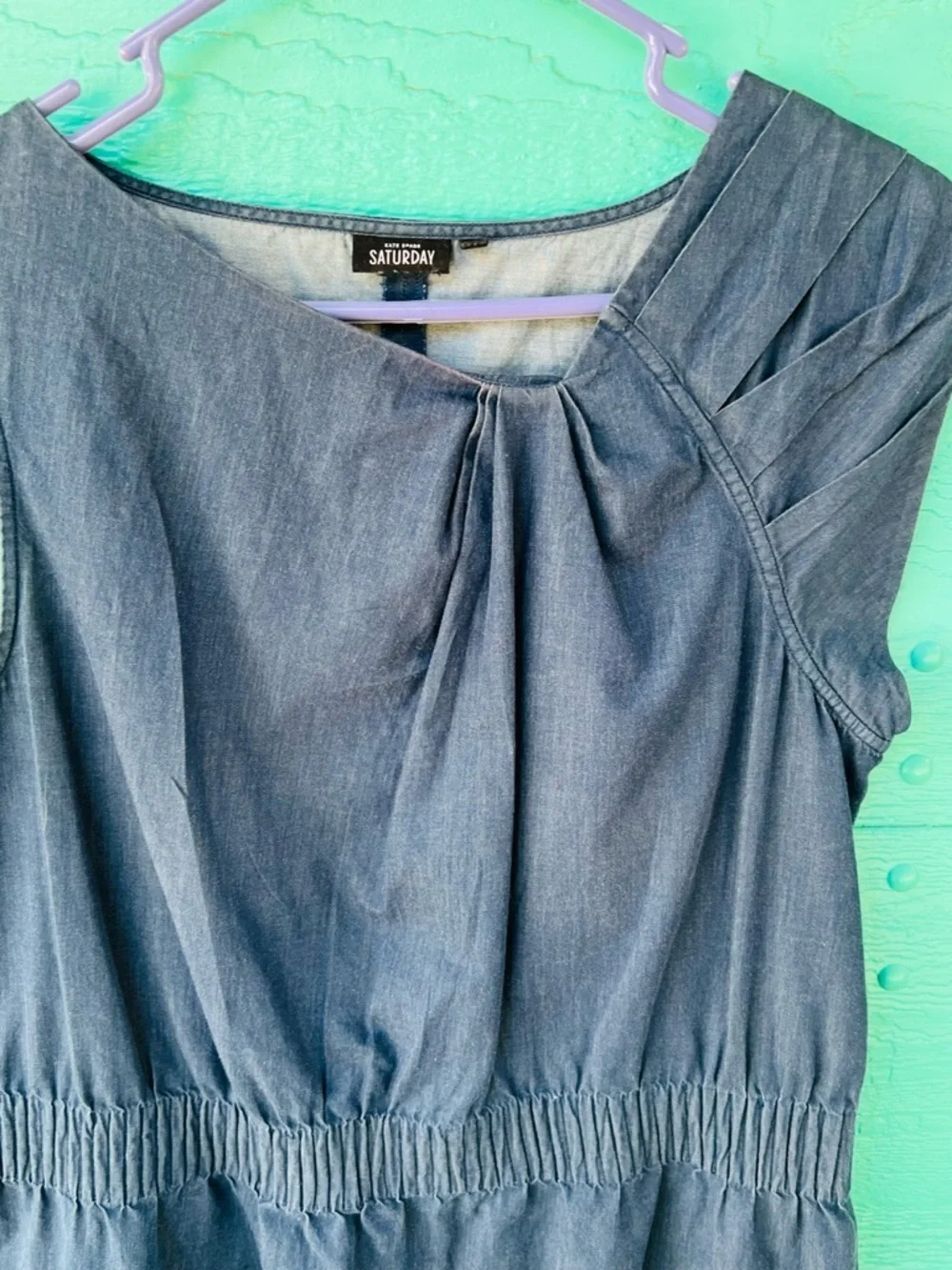 Kate Spade Saturday Denim Shift Dress L 💙 Shirred Waist Pleated Shoulder Cotton
